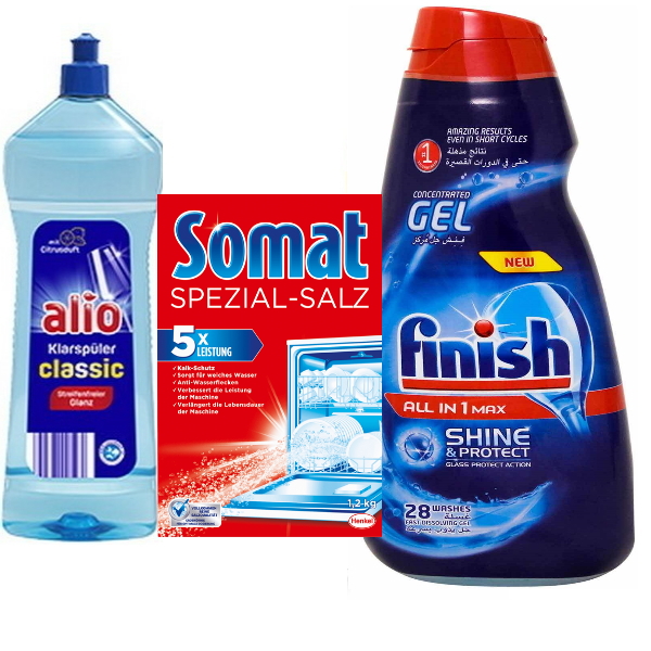 Combo Nước rửa bát finish 650ml hoặc muối Somat 1.2kg hoặc Nước làm bóng alio 1 lít dùng cho máy rửa bát