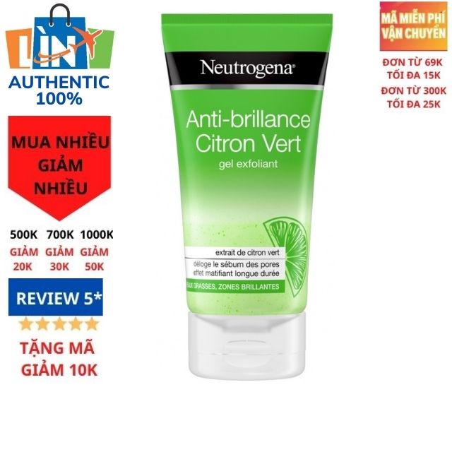 [HCM][Thanh lọc sáng da giảm mụn] Sữa rửa mặt tẩy da chết NEUTROGENA ANTI-BRILLANCE CITRON  VERT GEL EXFOLIANT  loại bỏ bã nhờn 150ml hàng Pháp