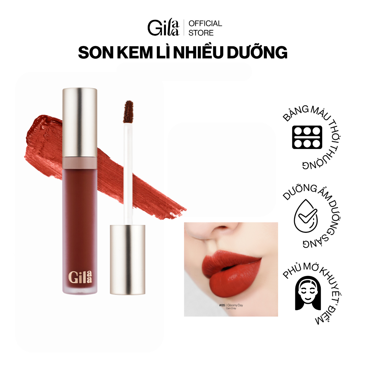 Son kem lì thế hệ mới Gilaa Long Wear Lip Cream Full Size (5g) 05 -Gloomy Day - Cam Cháy