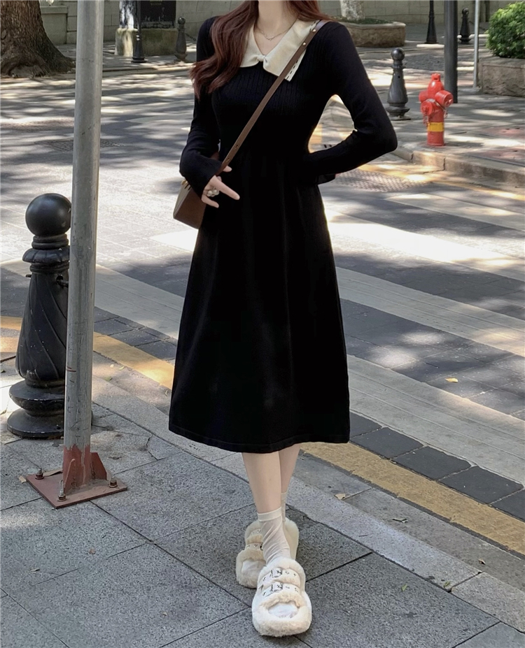 Đầm len midi dài tay thắt eo ngực co giãn màu đen cổ bẻ hình nơ freesize