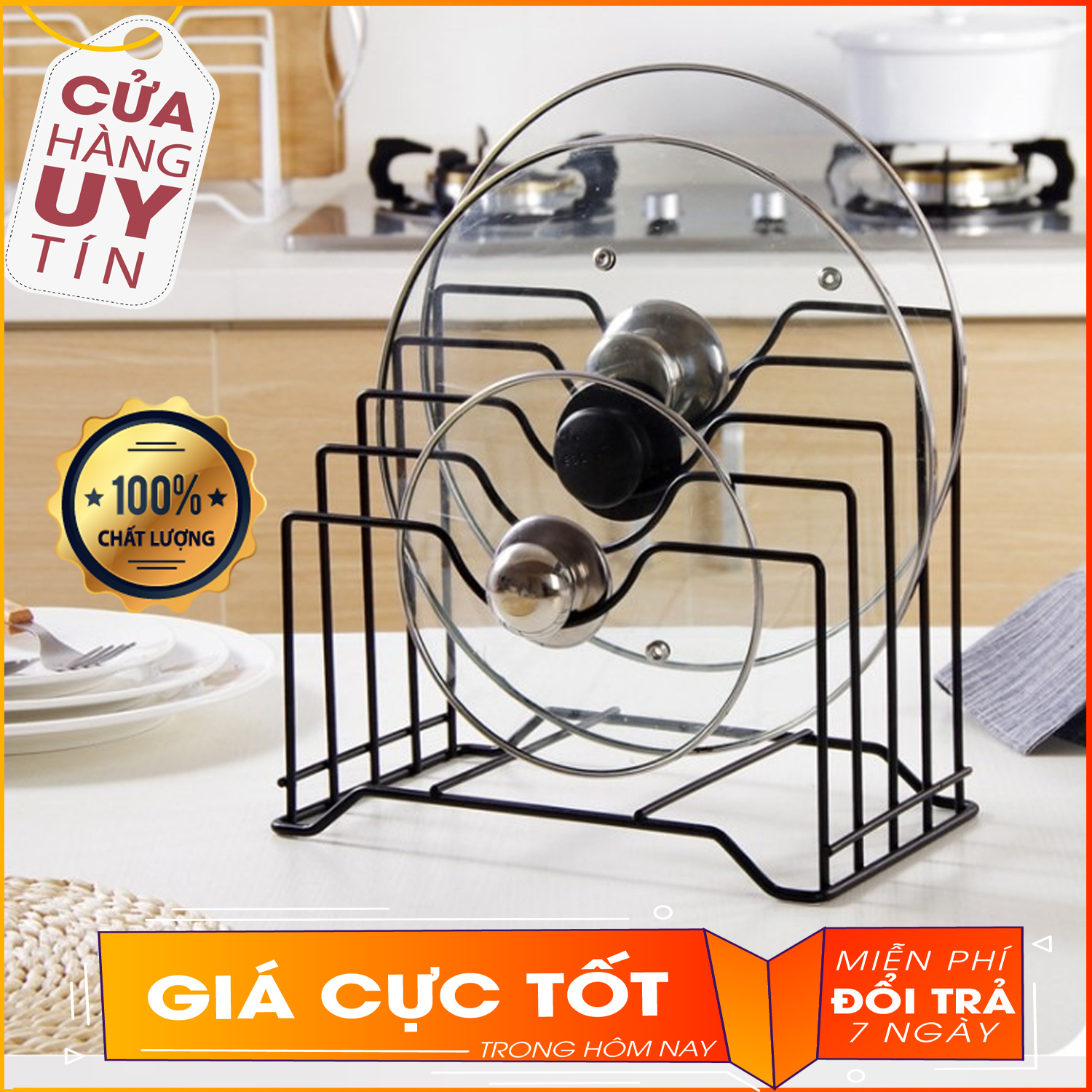 Kệ gác vung nồi và dao thớt đa năng 4 ngăn - Kệ gài nắp tiện lợi tiết kiệm diện tích - Kệ cao cấp inox không gỉ (Màu ngẫu nhiên)