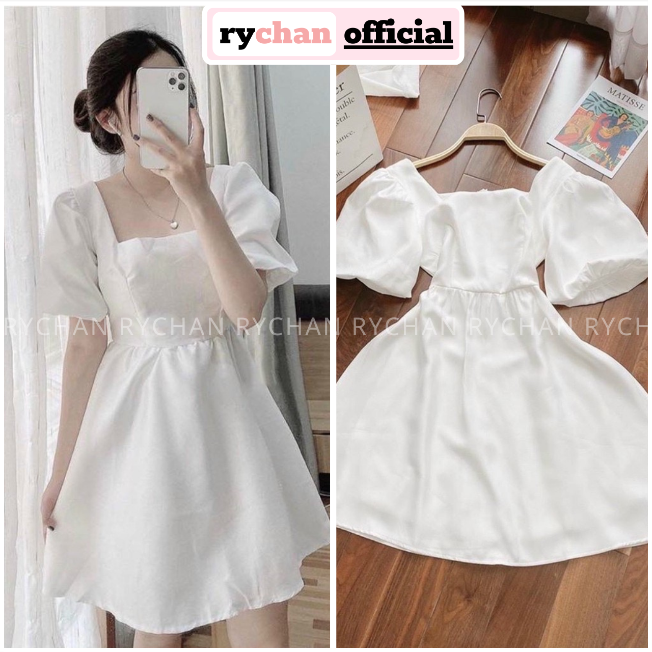 Đầm Xòe Trắng Cổ Vuông Tay Phồng Lót Trong Dày Dặn [Ảnh Thật Cuối] - DX0042