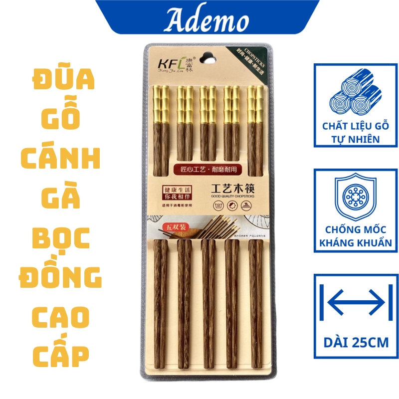 Đũa gỗ cao cấp - Đũa gỗ cánh gà bọc đồng sang trọng, kháng khuẩn chống mốc - Set 5 đôi