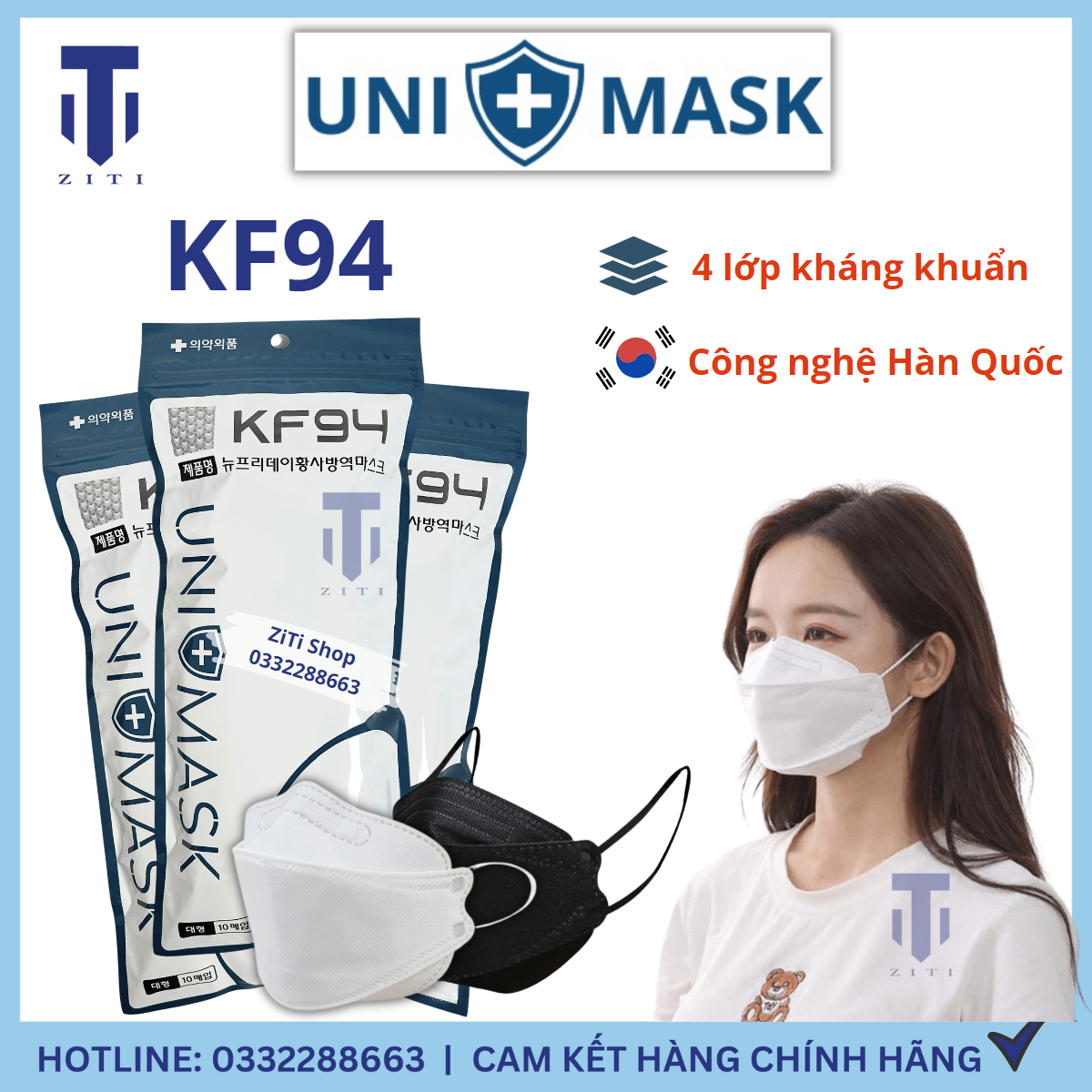 Set 100 chiếc khẩu trang kf94 unimask chính hãng, 4d hàn quốc 4 lớp kháng khuẩn