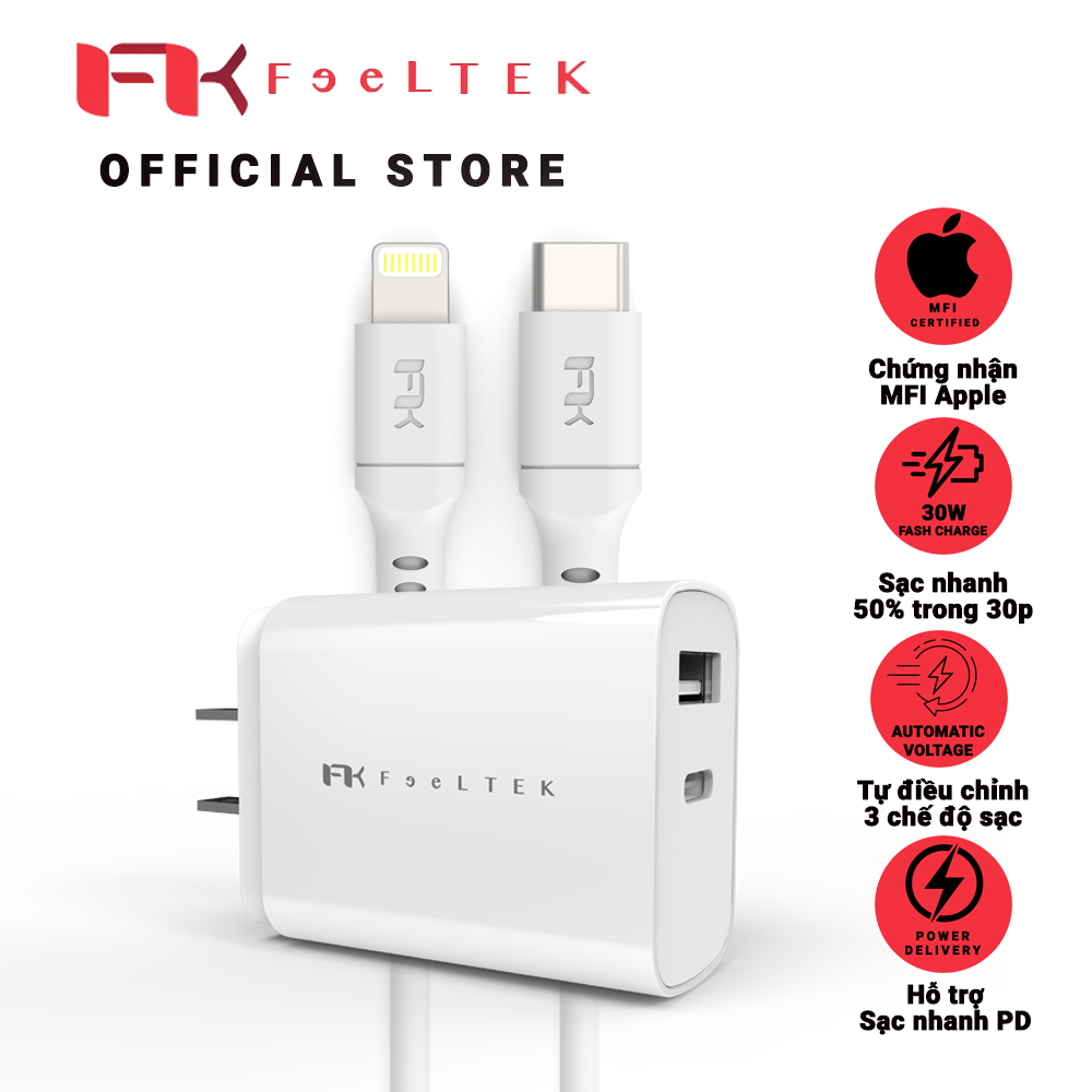 Bộ combo sạc gồm cốc sạc PD US Charger 30W và cáp USB-C to Lightning Cable Feeltek