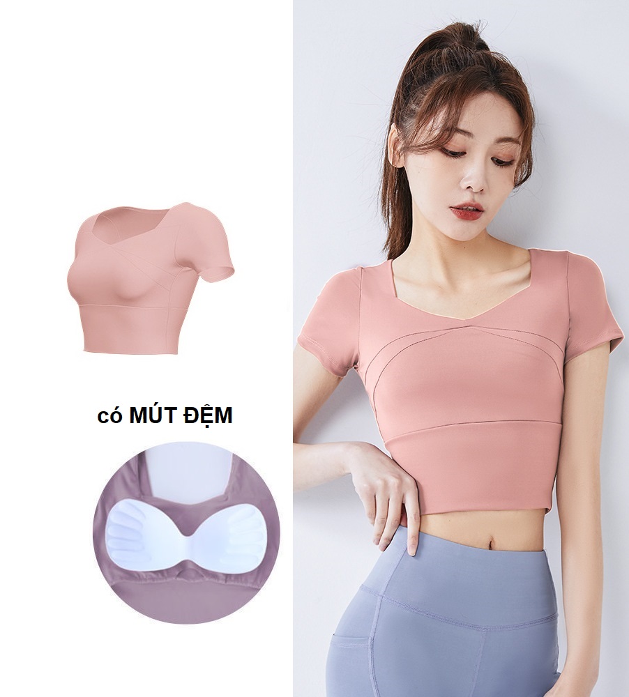 Áo tập gym, yoga, Aerobic nữ croptop có mút đệm ngực, ôm body tôn vòng ngực