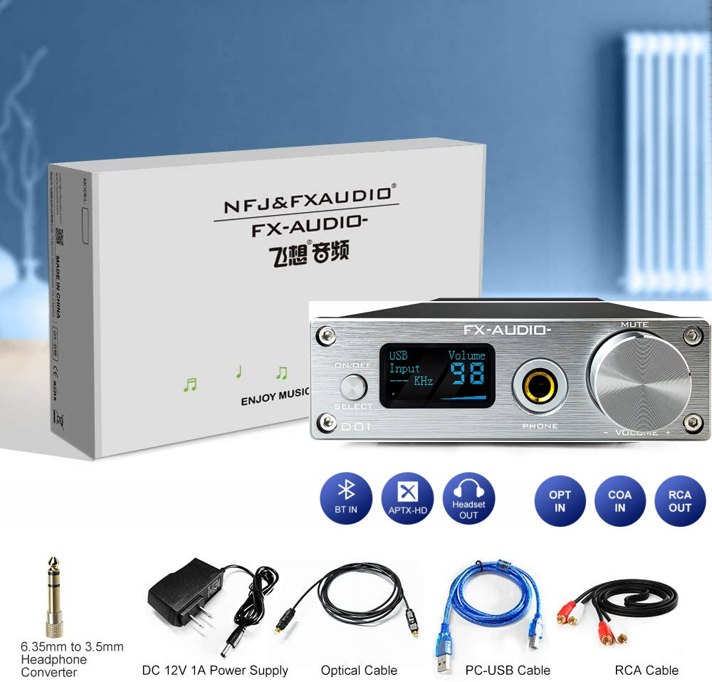 Bộ Giải Mã FX-Audio DAC D01 32 Bit/768Khz/ DSD512 Bluetooth 5.0 USB and Headphone Amplifier HiFi Stereo Digital to Analogue ES9038Q2M/XMOS XU208 Support APTX/HD/LDAC/DSD.512 with 6.35mm to 3.5mm Headphone Converter