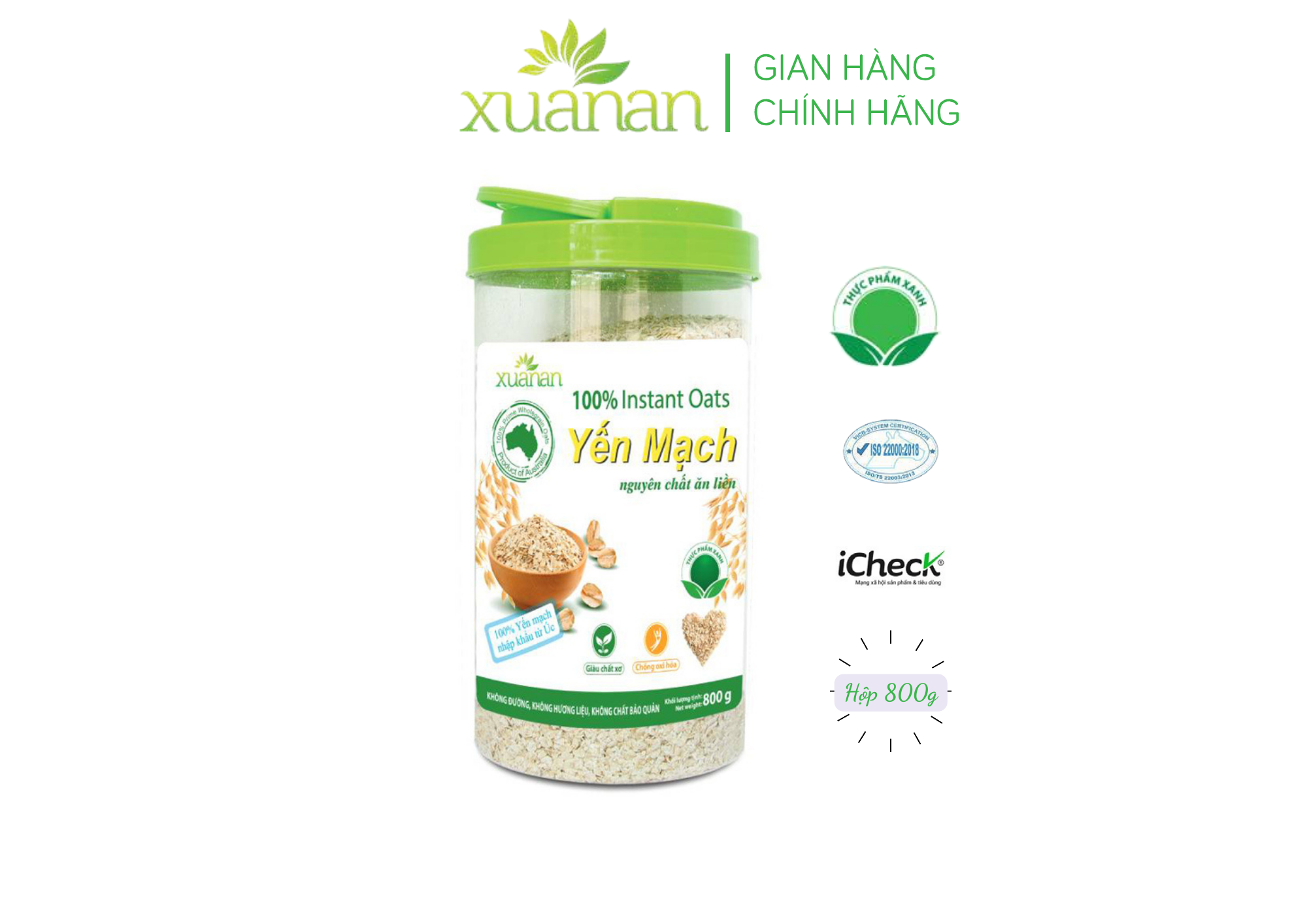 Yến Mạch Nguyên Chất Ăn Liền Xuân An [ko đường] Hộp 800G (Tặng Kèm 1 Túi Ngũ cốc Gạo Lức Huyết Rồng 200G)