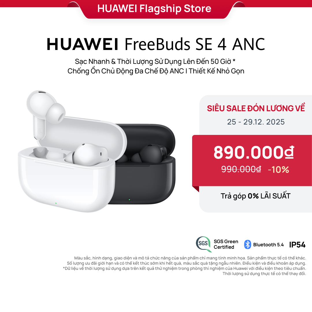 Tai Nghe Bluetooth HUAWEI FreeBuds SE 4 ANC | Sạc Nhanh & Thời Lượng Sử Dụng Lên Đến 50 Giờ | Chống Ồn Chủ Động Đa Chế Độ ANC | Thiết Kế Nhỏ Gọn