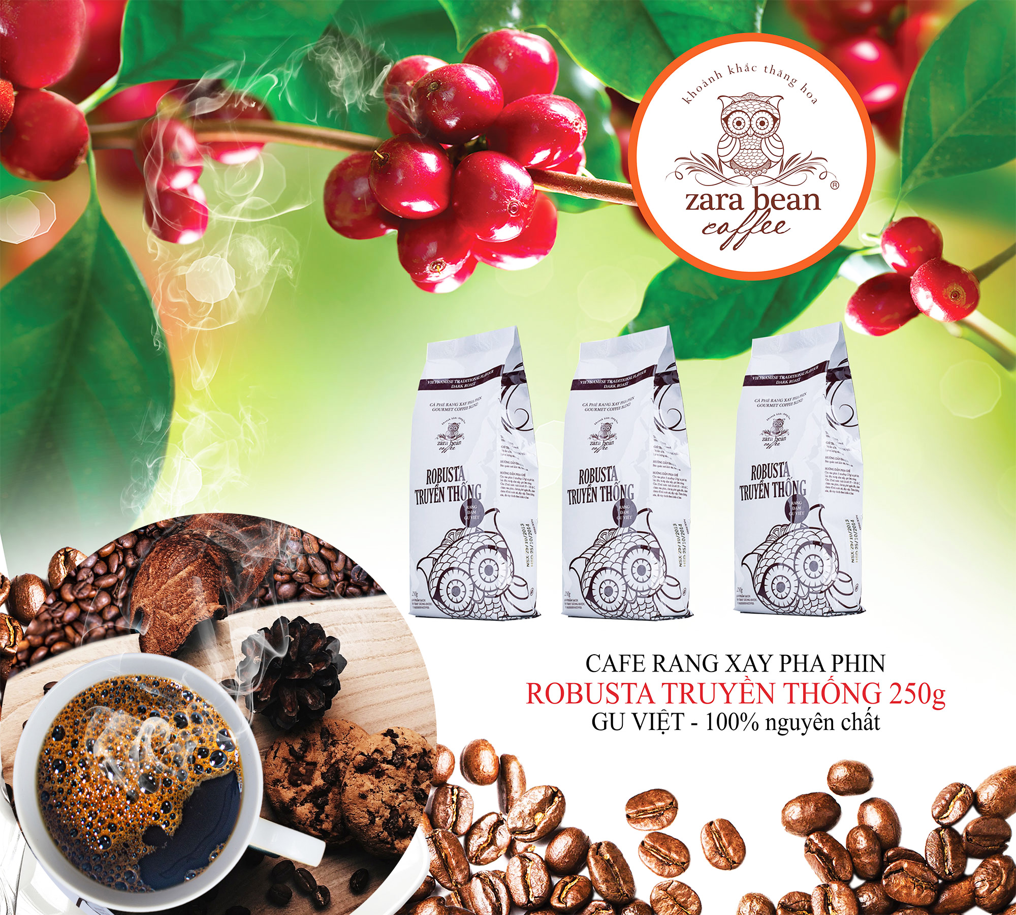 [HCM]Cà phê Pha Phin Robusta Truyền Thống - Combo 3 gói x 250g - Zara Bean Coffee