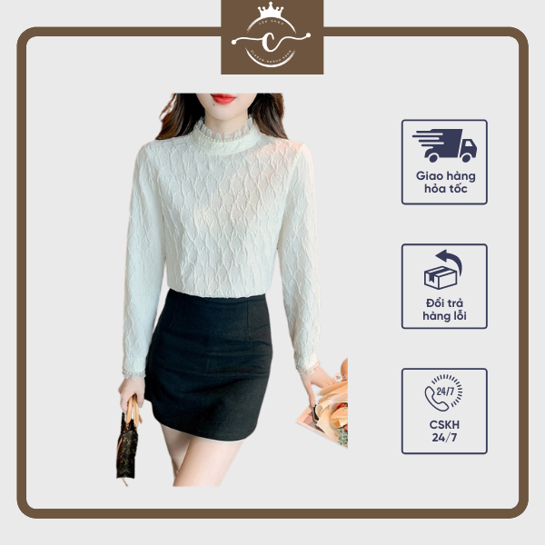 Sp5 áo ren nữ áo ren pháp in chìm hoa hồng cổ đính ngọc trai phối ren tiểu thư bánh bèo