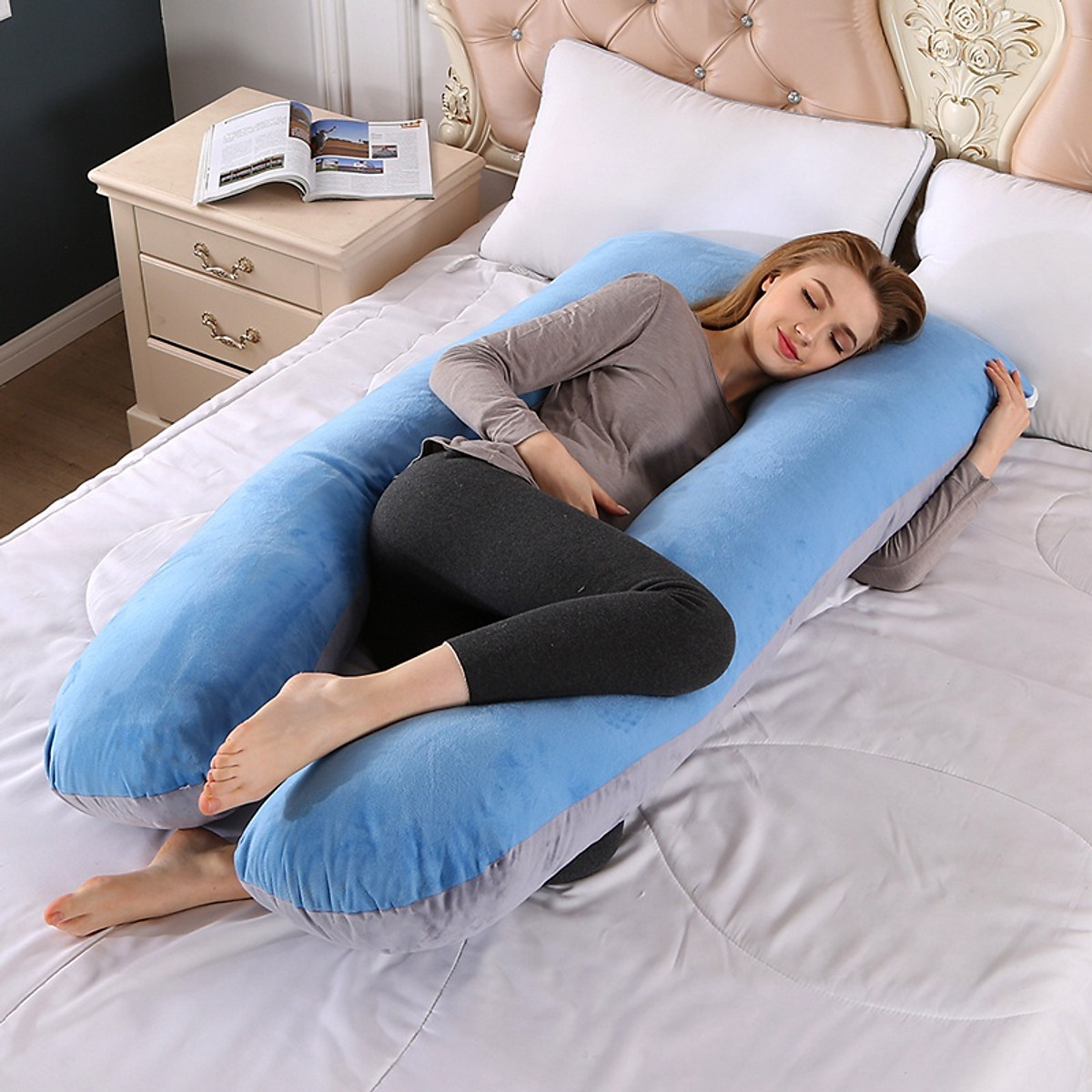 Gối ôm bà bầu chữ u vải nhung cao cấp - gối bầu nhung