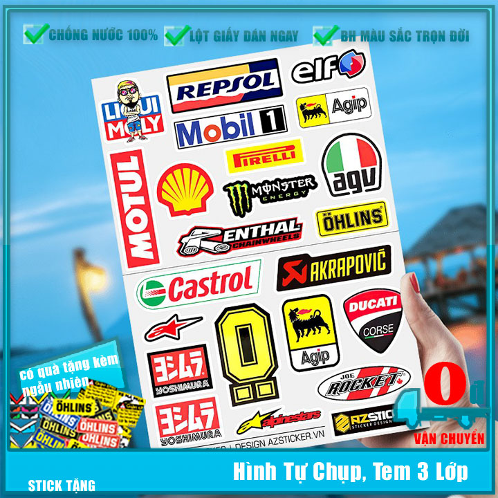 [FREE SHIP]⛳Nhãn Dán Sticker ⛳Tem Xe Máy Repsol, Motul, AGV, Castrol, Akrapovic Thể Thao ⛳ Dán Xe Máy ⛳ Dán Mũ Bảo Hiểm⛳Dán Điện Thoại