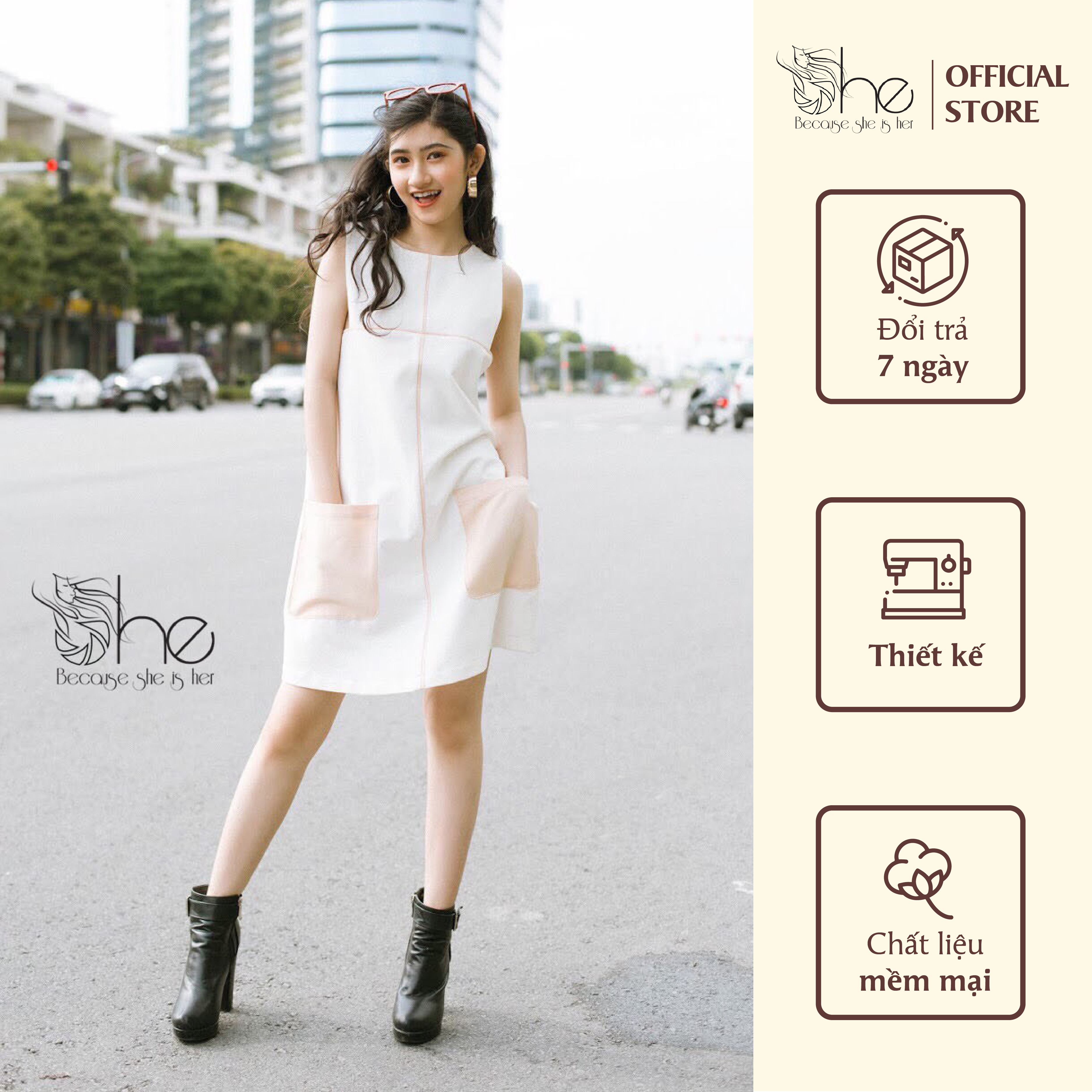 Đầm nữ suông sát nách She, đầm váy trắng đen thiết kế thời trang PD03