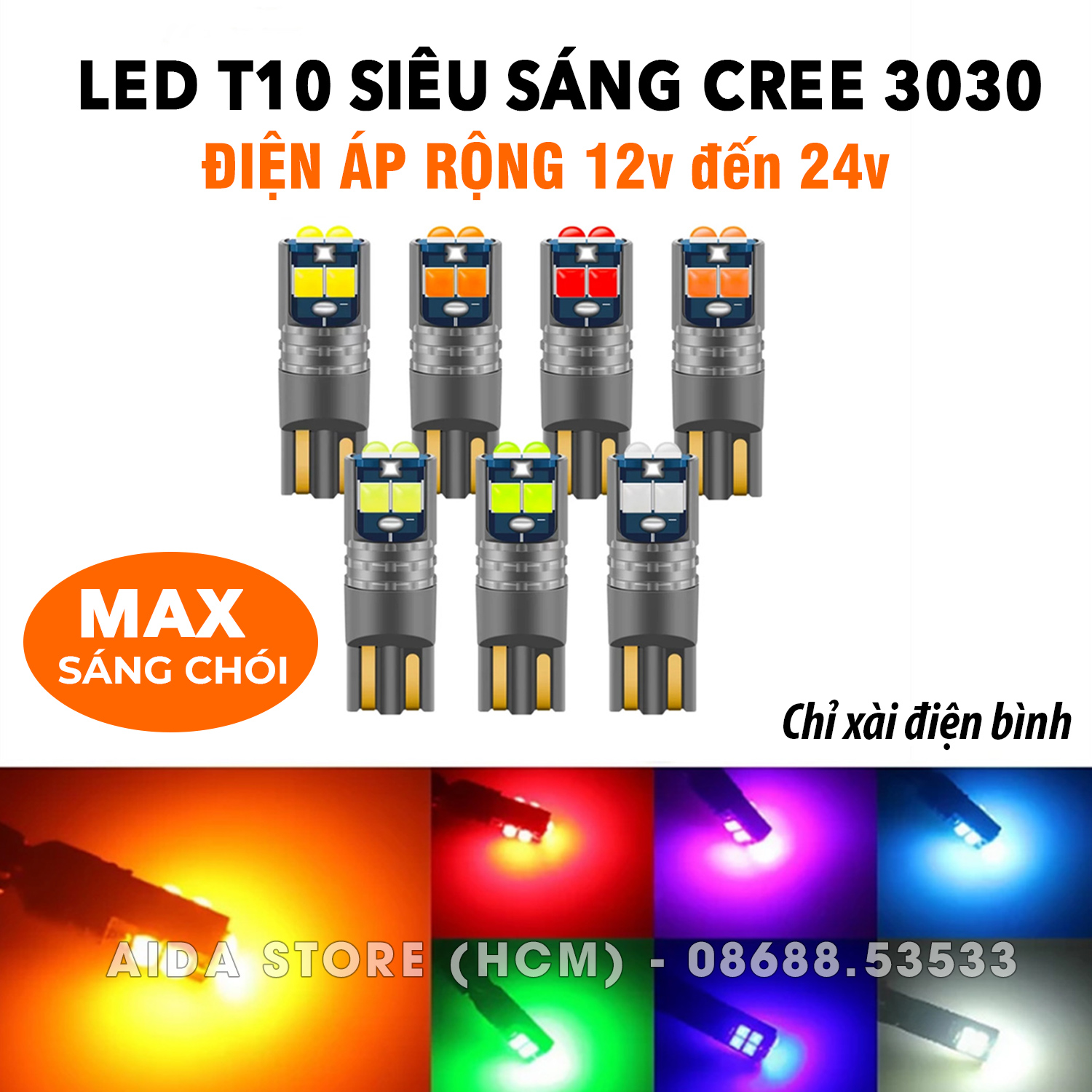 [6XIN] Bóng LED T10 6CREE 3030 max sáng điện áp dải rộng DC12v đến 24v lắp demi, xi nhan