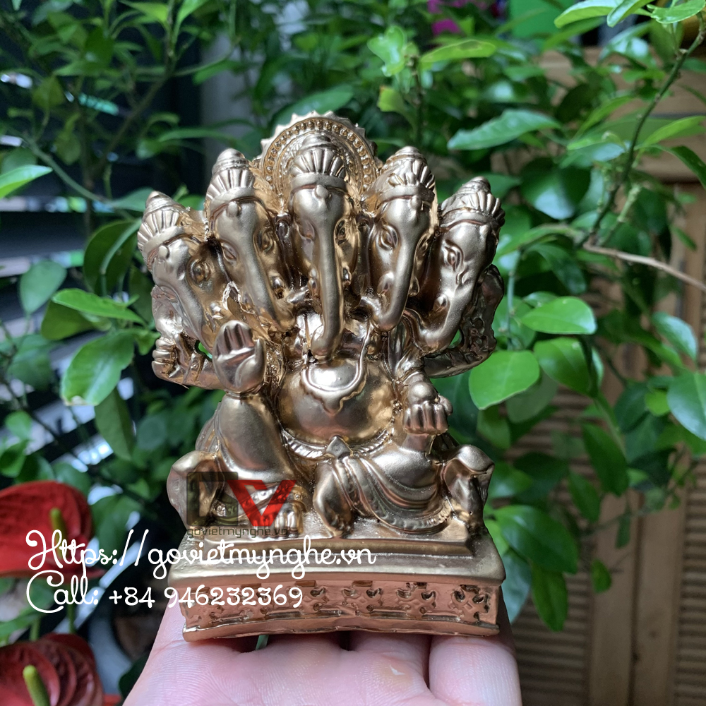 [Thần voi Ganesha 5 đầu] Tượng đá trang trí phong thủy Thần voi Ganesha 5 đầu - Cao 10cm - Màu nhũ đồng