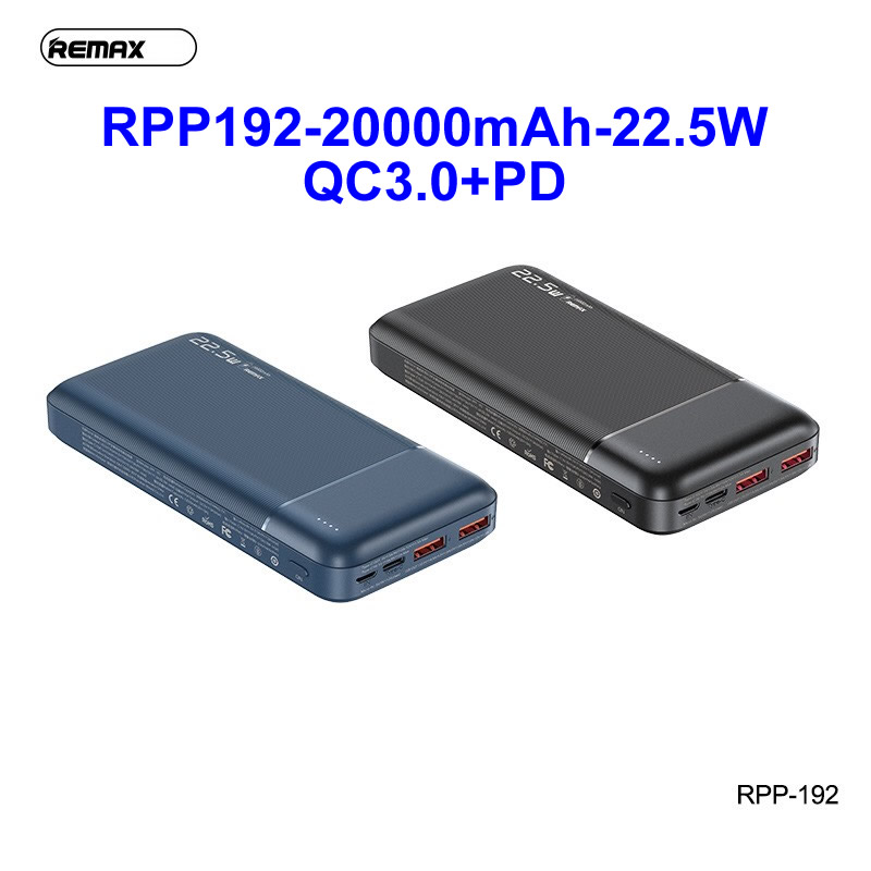 Pin sạc dự phòng remax rpp-192 20000mah 2 inputs, 3 outputs, typec pd 18w, usb 22.5w