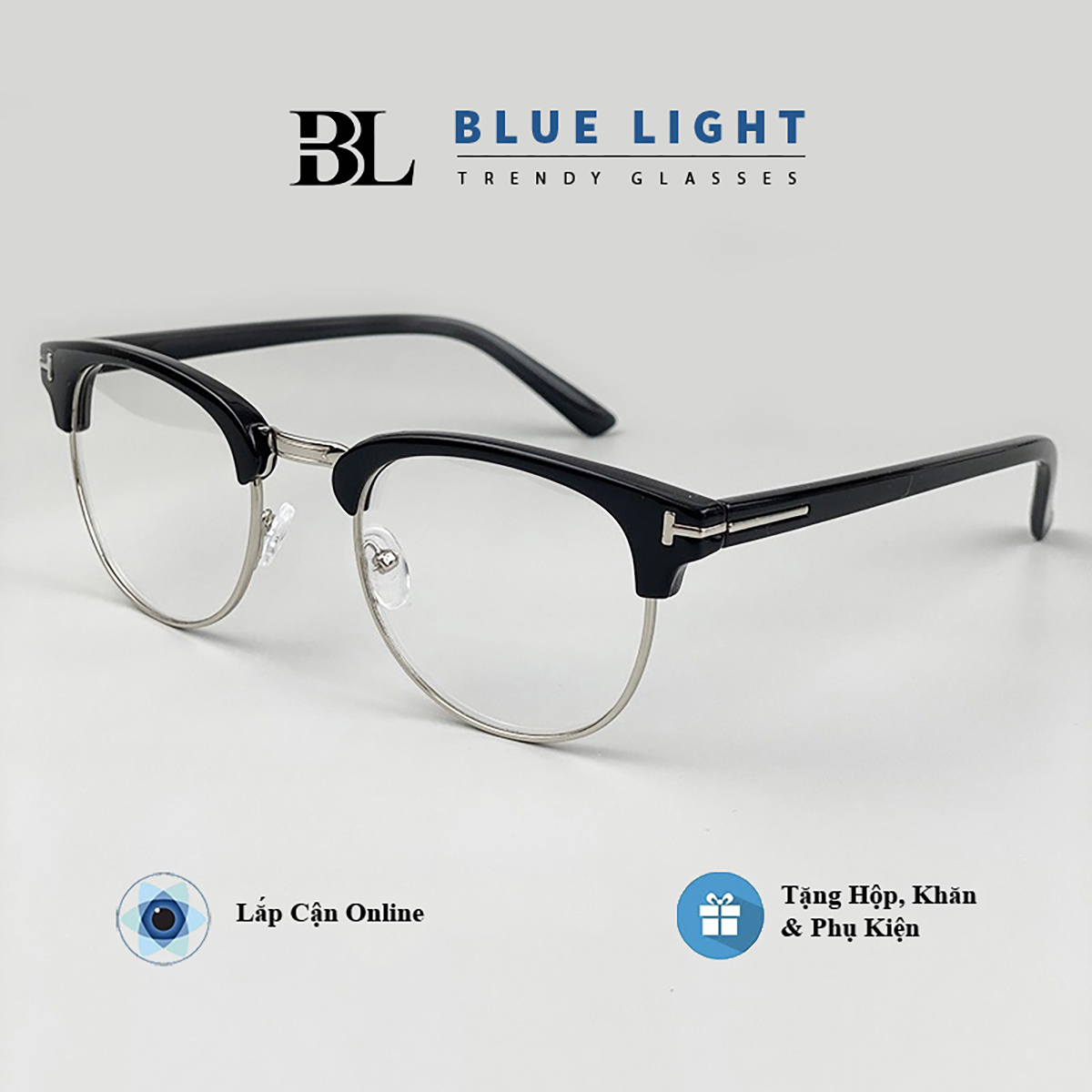Gọng Kính Cận Kính Giả Cận Nam Nữ Mắt Tròn Clubmaster Chữ T Tomford Viền Bạc Vàng Hàn Quốc - BLUE LIGHT