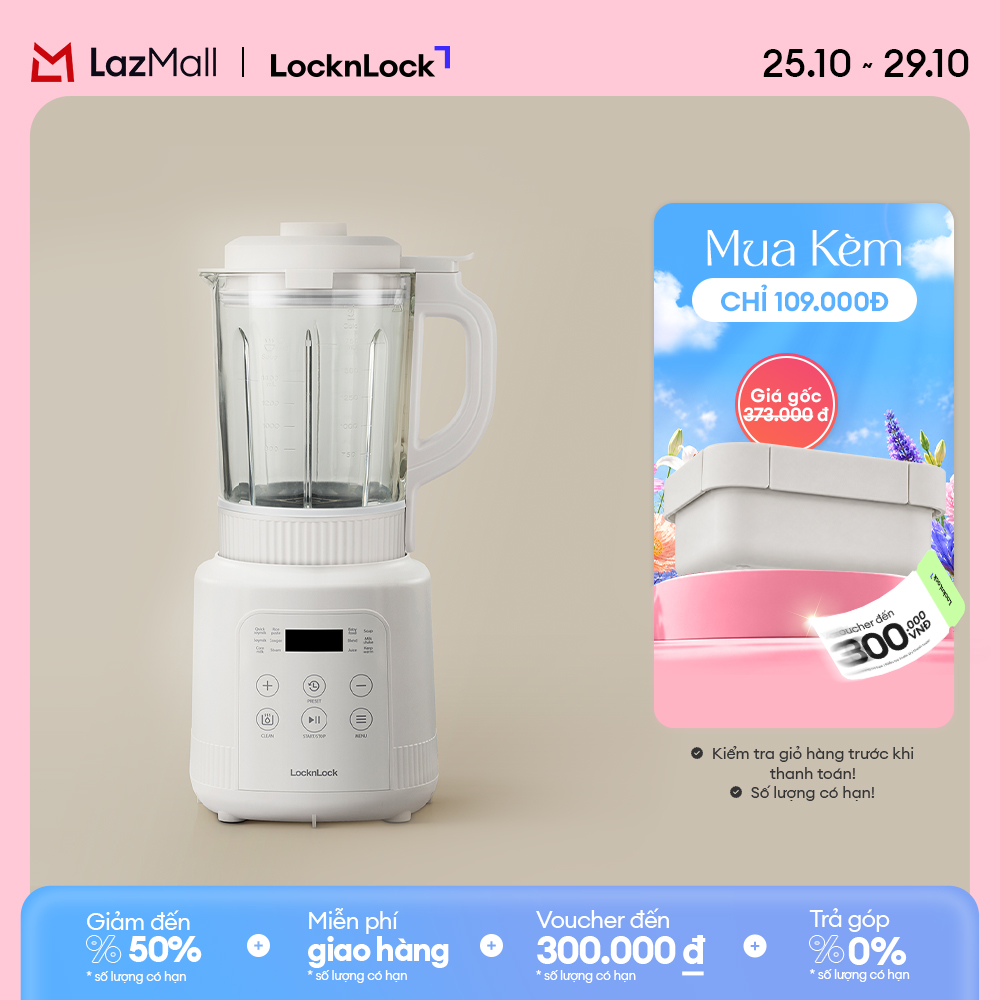 Máy làm sữa hạt đa năng LockLock Bianco heating blender 1.75L Màu ngà EJM486IVY dao 3 lớp, 5 chế độ nấu, hẹn giờ 24h