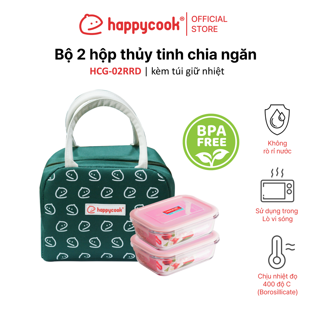 Bộ hộp thủy tinh chia ngăn kèm túi giữ nhiệt happycook, hcg-02rrd