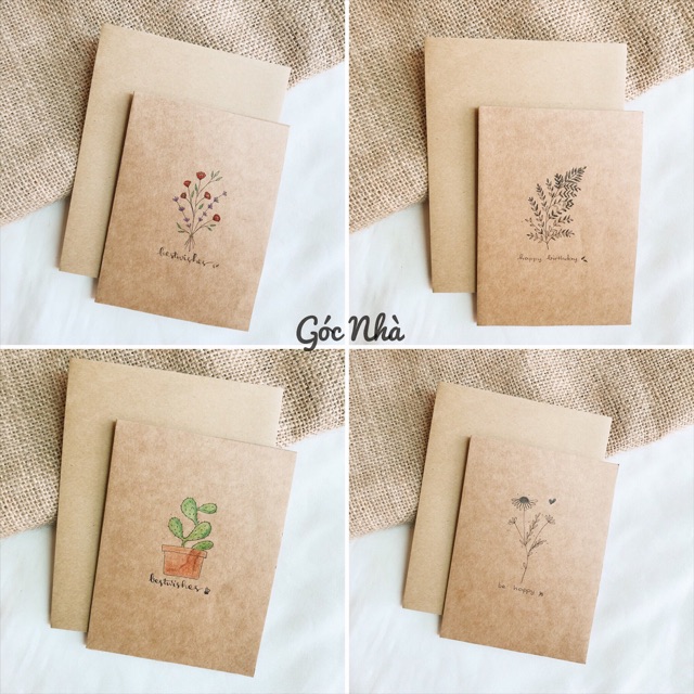 Thiệp handmade vẽ tay cỏ cây hoa lá giấy kraft