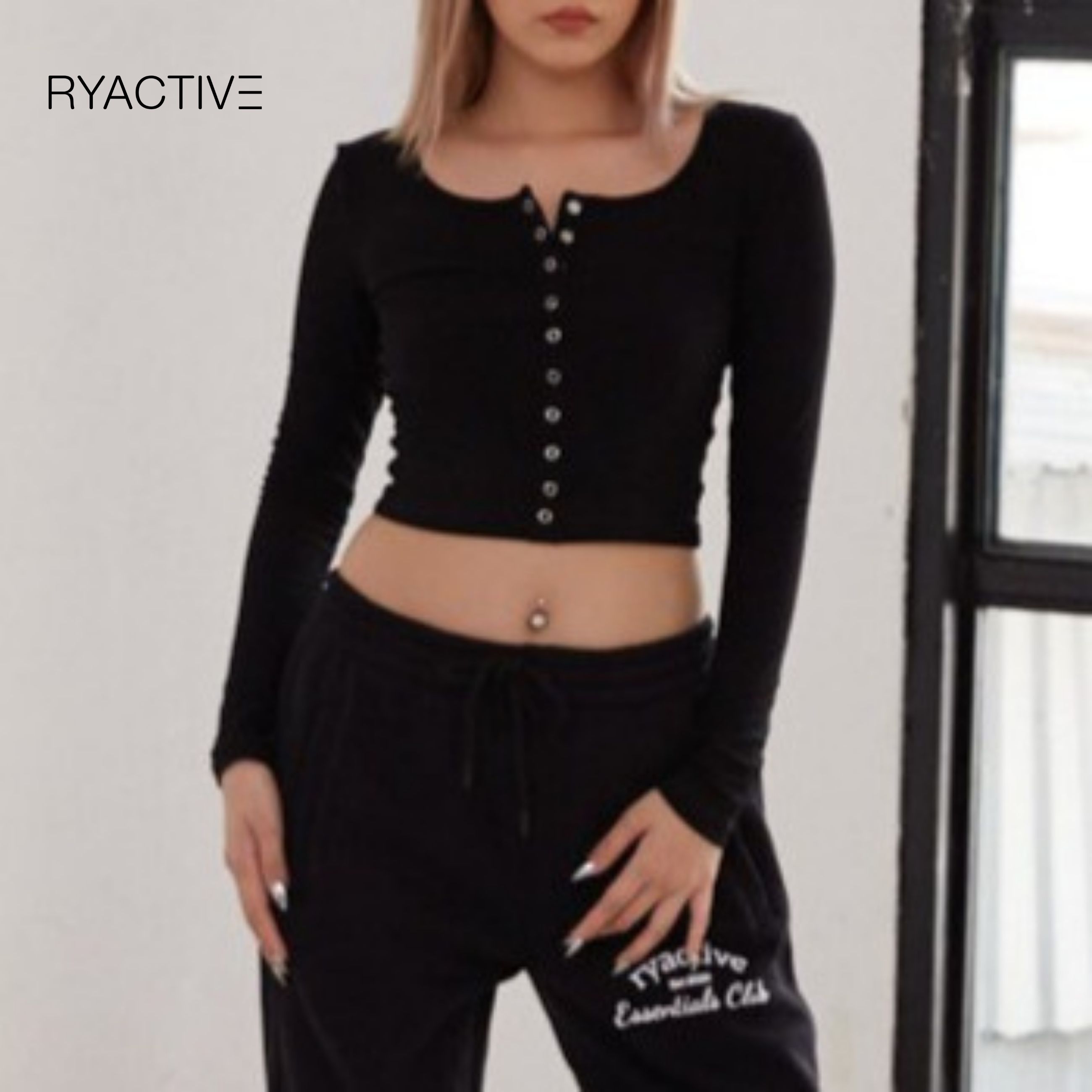 Áo thun nữ tay dài ryactive - button longsleeves black