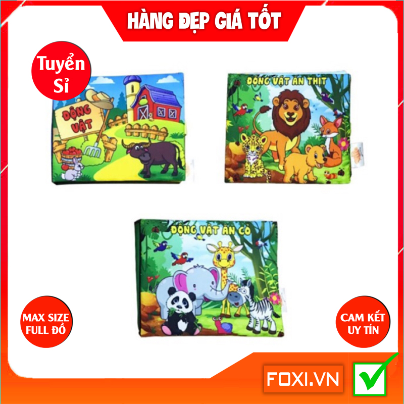 ComBo 3 Sách Vải Giáo dục mầm non Foxi Chủ đề Động Vật Dành cho bé Sơ Sinh kích thích IQ Trí tưởng tượng Giúp bé nhận biết làm quen các con vật vải mềm mịn dễ dàng vệ sinh