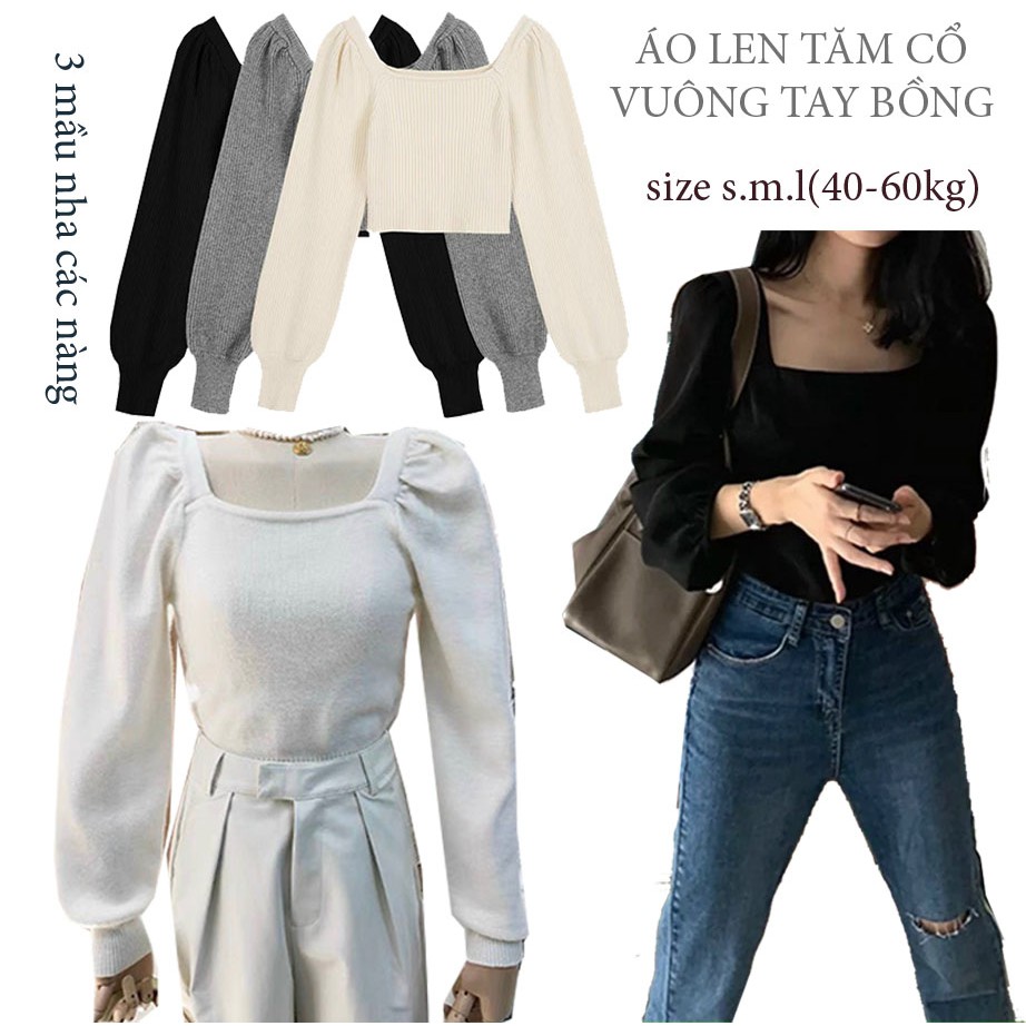 Áo len tăm cổ vuông tay bồng,chất len tăm dày dặn siêu đẹp ạ