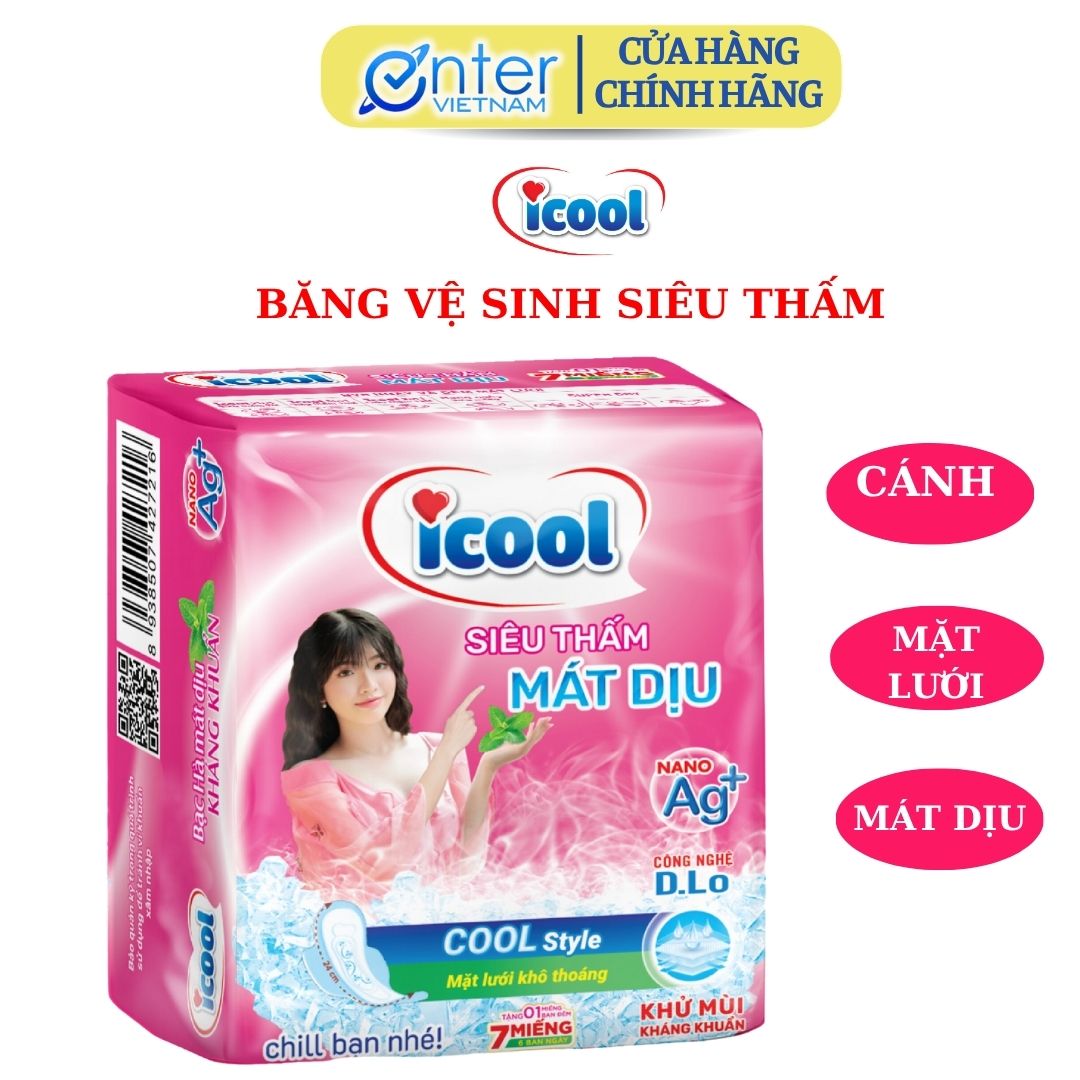 Hàng Chính Hãng Băng vệ sinh ICOOL Hồng Siêu Thấm mới BVS ban ngày 24cm có cánh mặt lưới mềm bạc hà mát dịu.