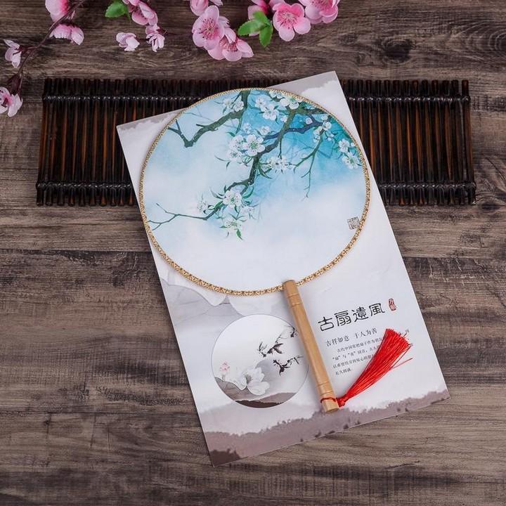 Quạt tròn cổ trang dây tuyến vải lụa in họa tiết trang trí đẹp xinh xắn quà tặng trang trí đẹp phong cách cổ trang cổ đại