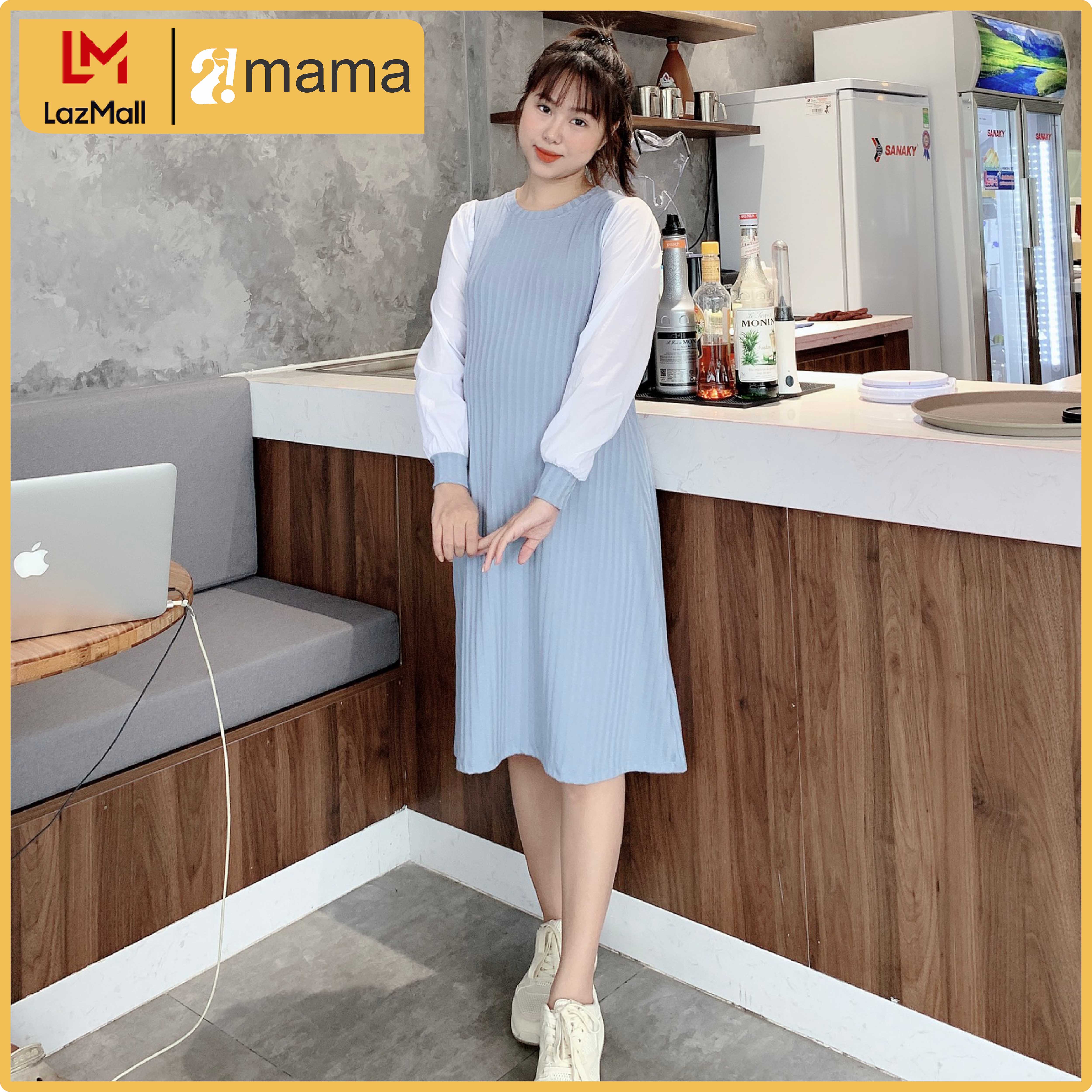 Đầm váy bầu công sở 2MAMA dáng suông thiết kế pha màu V18