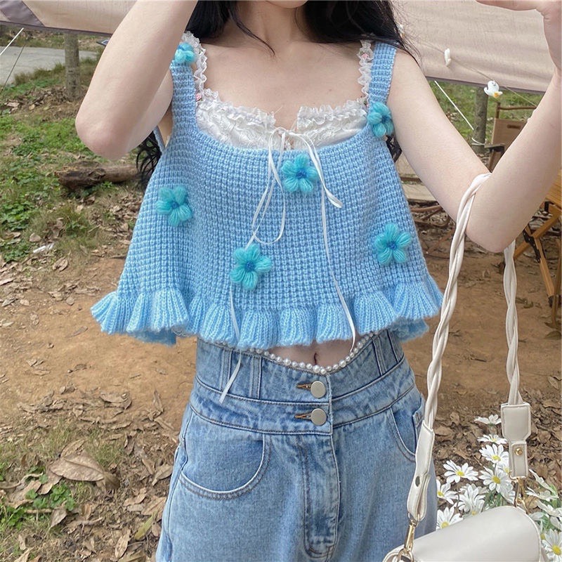 Áo croptop hai dây pinkstore29, viền bèo đính hoa len móc a5471