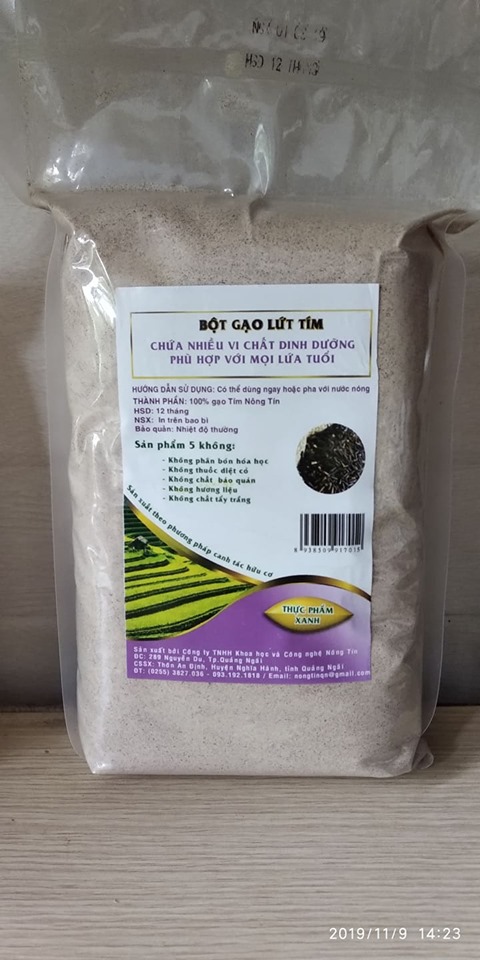 Bột gạo lức hữu cơ Nông Tín, khối lượng 1 kg, được sản xuất hoàn toàn theo phưng pháp hữu cơ tại Quảng Ngãi