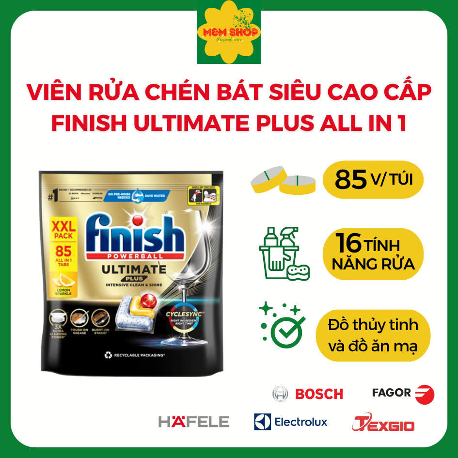 Viên rửa bát cao cấp Finish Ultimate Plus cao cấp 16 chức năng hương Chanh - Túi 85 viên