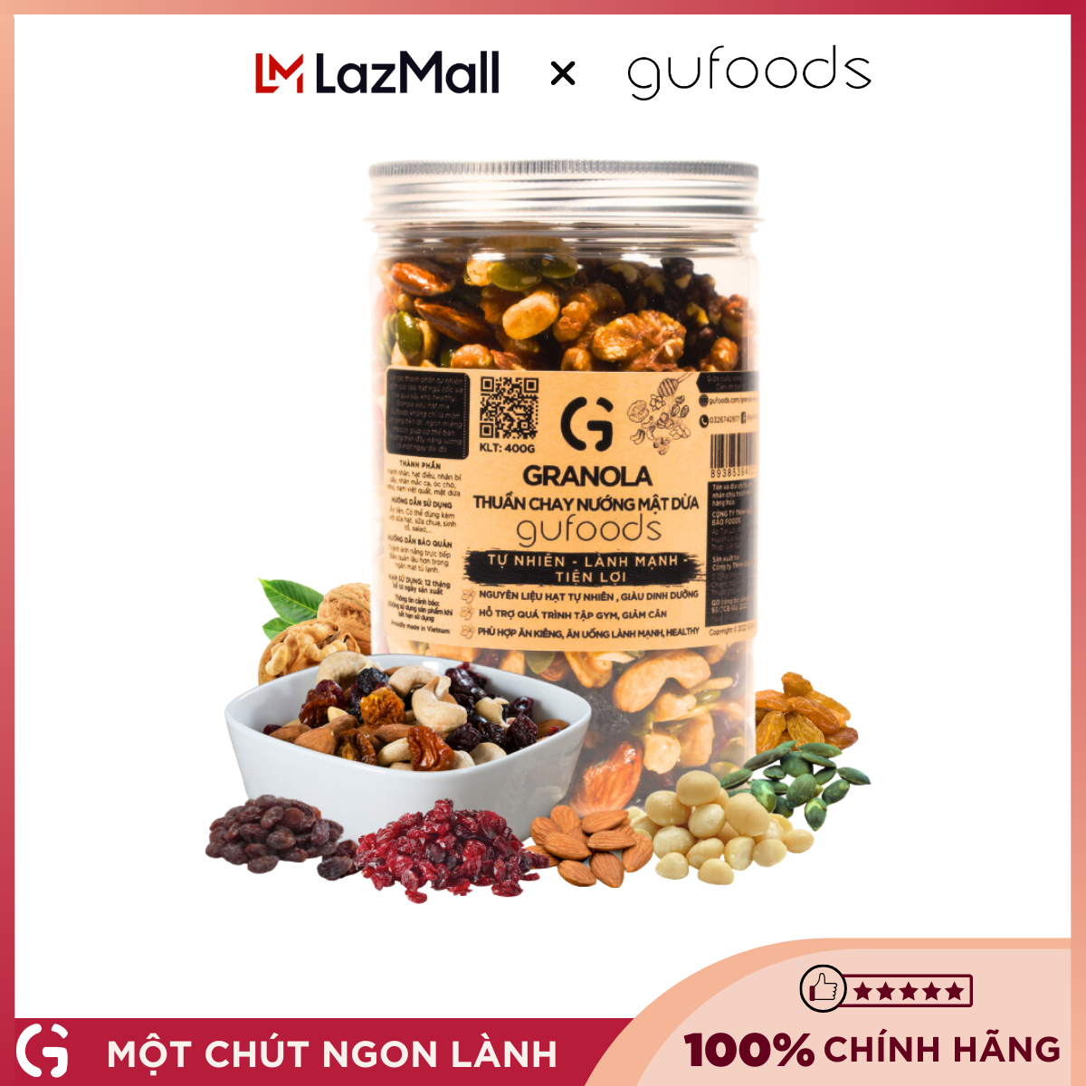 Granola thuần chay nướng mật dừa nước GUfoods (0% yến mạch; Mix siêu hạt mắc ca, nam việt quất, hạnh nhân, hạt điều, nho khô) - Dinh dưỡng, Tiện lợi, Thơm ngon, Giàu lợi ích sức khỏe) - (Hũ 400g)