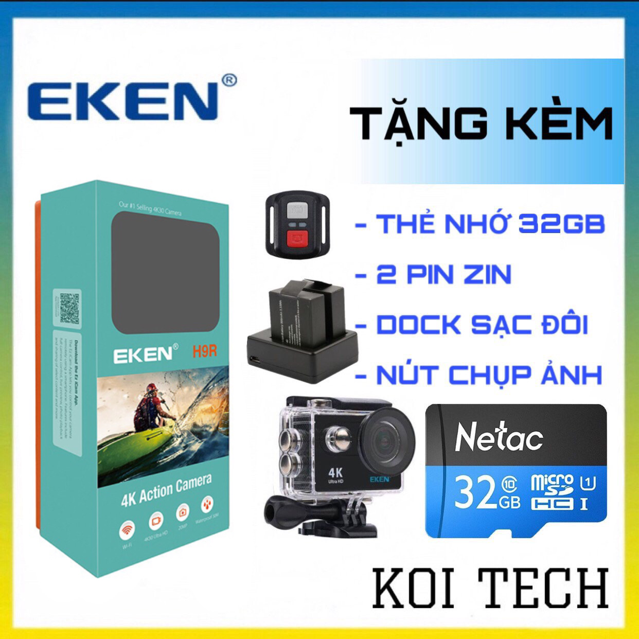 [Tặng thẻ 32BG và Phụ Kiện] Bộ Camera hành trình Eken H9R bản 20MP-V8 kèm thêm 1 pin, 1 dock sạc đôi, và thêm 1 thẻ nhớ 32gb  - KOI TECH