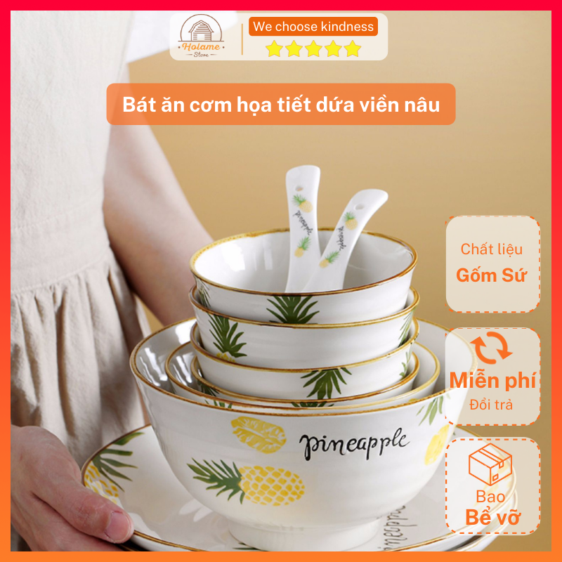 Bát ăn cơm, chén cơm sứ cao cấp họa tiết dứa viền nâu - bát decor phụ kiện bàn ăn sang trọng 2021