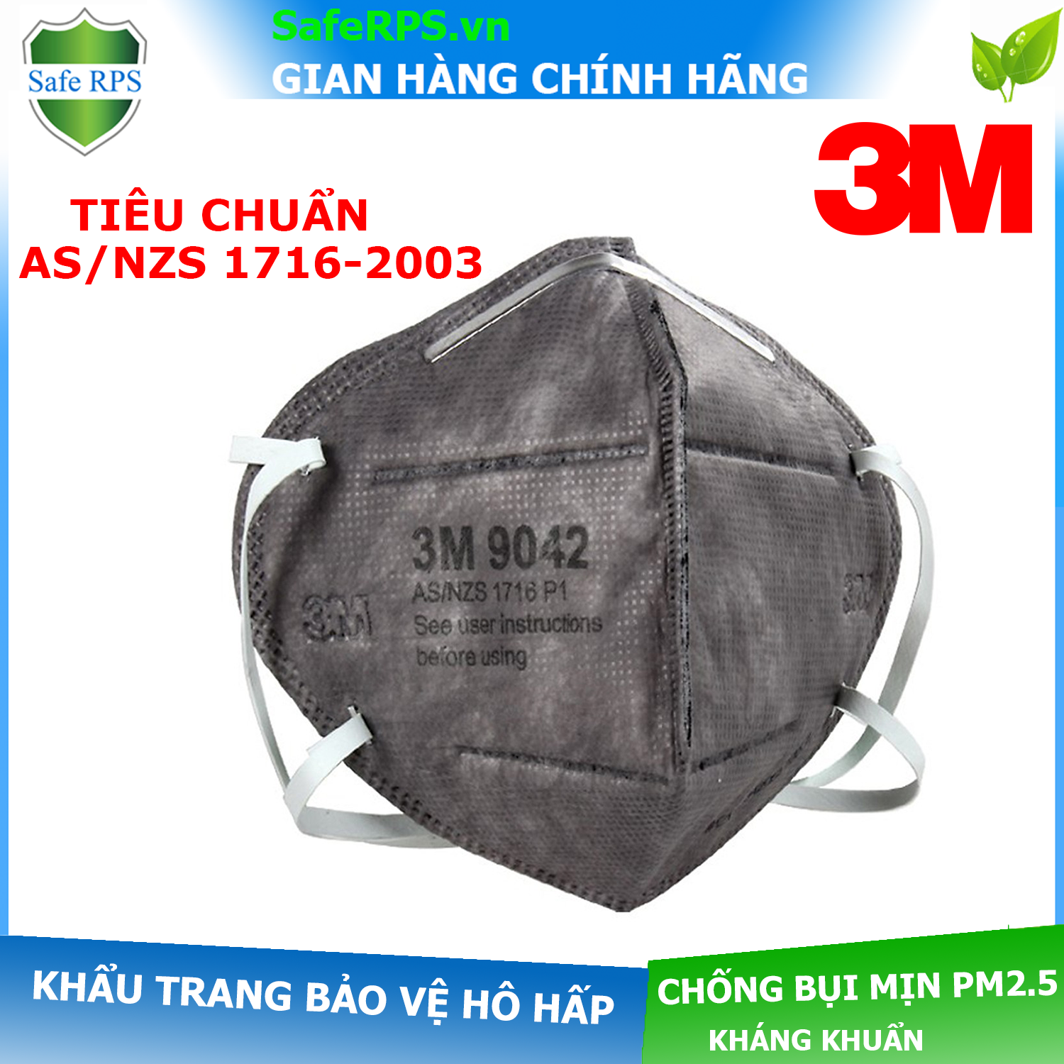 1 Khẩu trang 3M 9042 kháng khuẩn, chống bụi mịn Pm0.3 , Pm 2.5 màu xám , đeo qua gáy