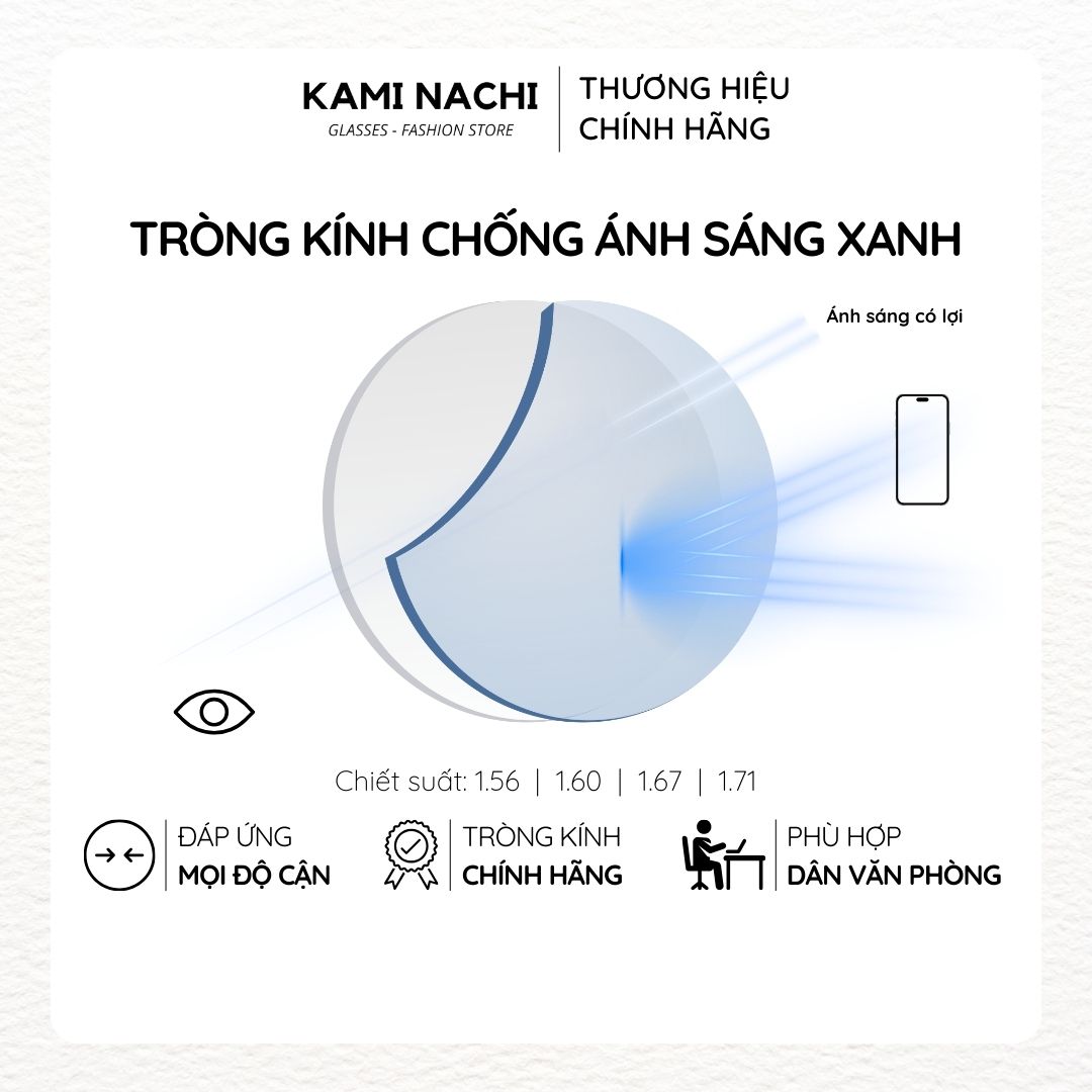 Tròng kính cận loạn chống ánh sáng xanh từ màn hình điện thoại máy tính KAMI NACHI - Hàng Thái Lan