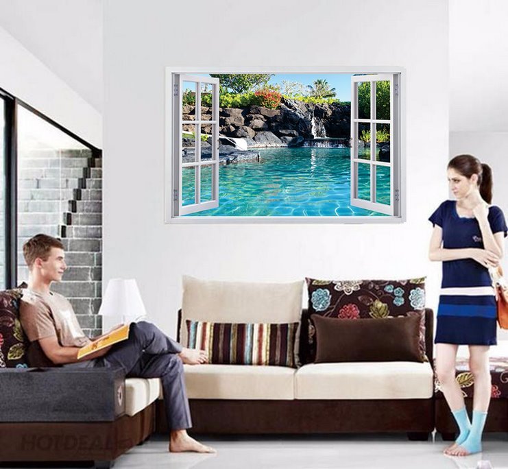 Tranh dán tường 3d cửa sổ hồ nước binbin cs73