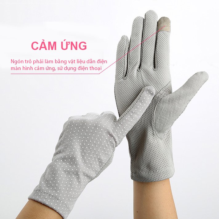 Găng tay chống nắng nữ có cảm ứng đi thật tay chống trơn trượt co giãn tốt họa tiết chấm bi- gang tay chong nang nu cham bi thoi trang