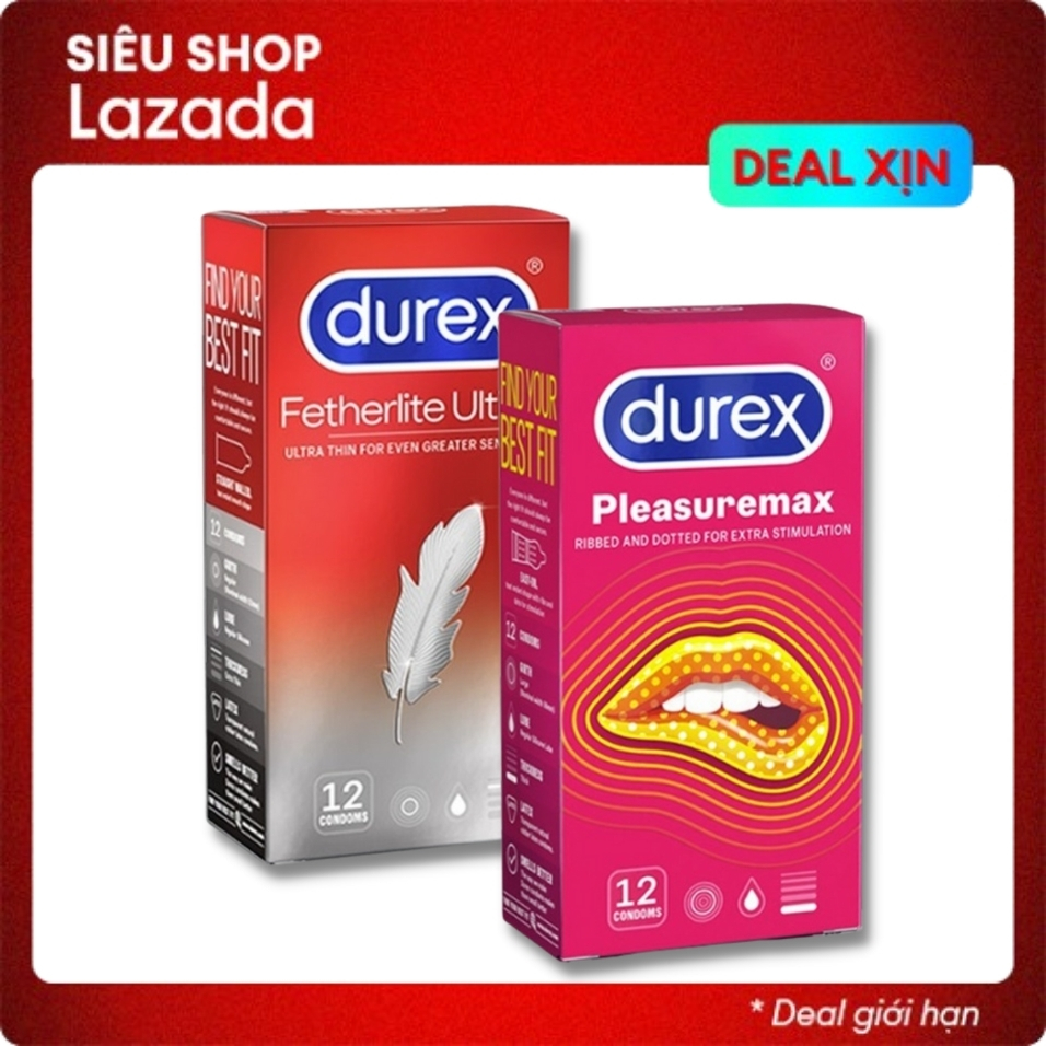 Bao cao su durex fetherlite ultima siêu mỏng + bao cao su nam có gai durex pleasuremax tăng khoái cảm 2 hộp