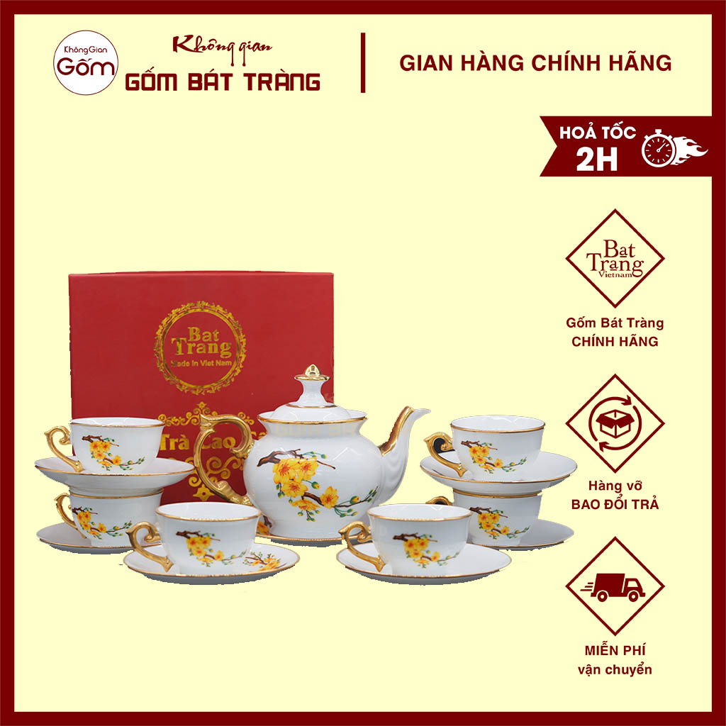 Bộ ấm chén, bộ ấm trà gốm sứ Không Gian Gốm Bát Tràng hàng cao cấp vẽ tay
