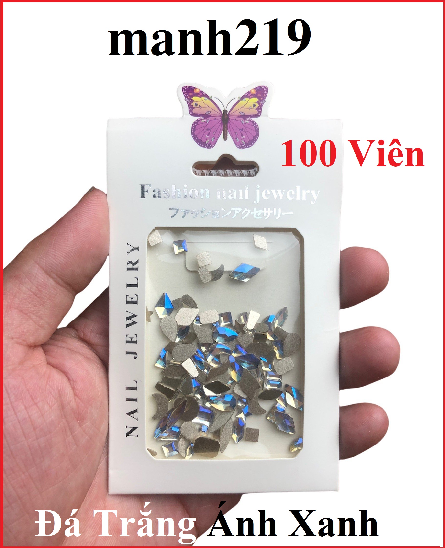 Set đá khối trắng ánh xanh 100 viên màu trà gắn móng
