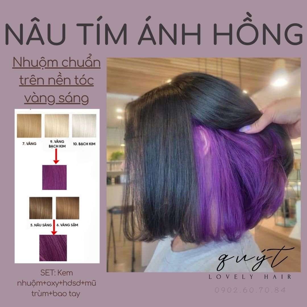 Kem nhuộm tóc Nâu Tím Ánh Hồng nhuộm trên nền tóc Vàng tặng Oxy