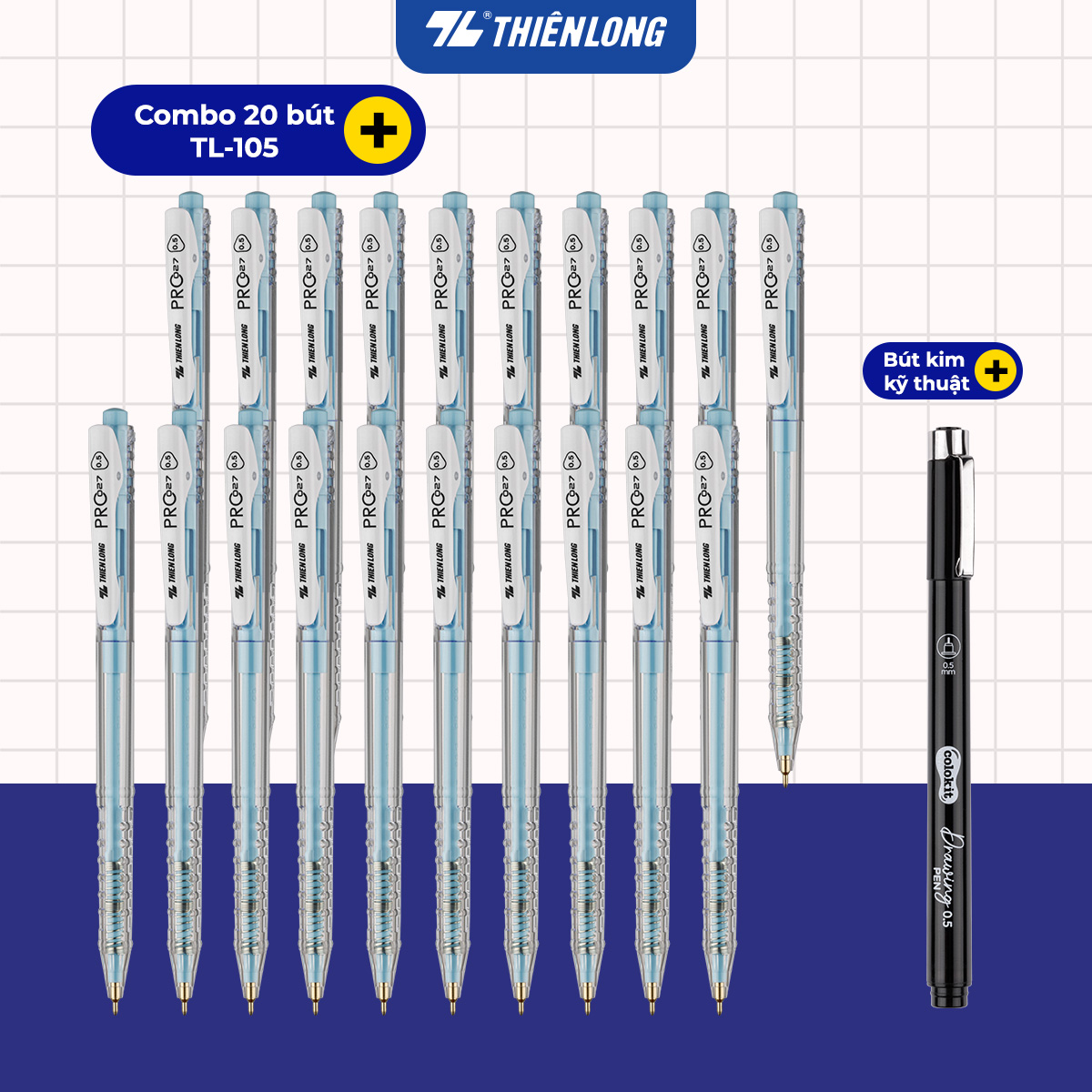  Combo 20 Bút bi Thiên Long PRO 027 ngòi cao cấp 0.5mm thân bút màu pastel thời trang tự động thu ngòi TL-105 