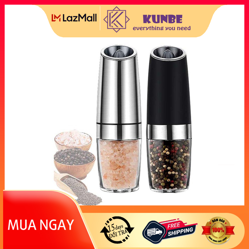 Máy xay tiêu cầm tay tự động chạy pin kunbe - cối xay tiêu, hạt gia vị có đèn led, lõi mài gốm ceramic cao cấp, tiện dụng