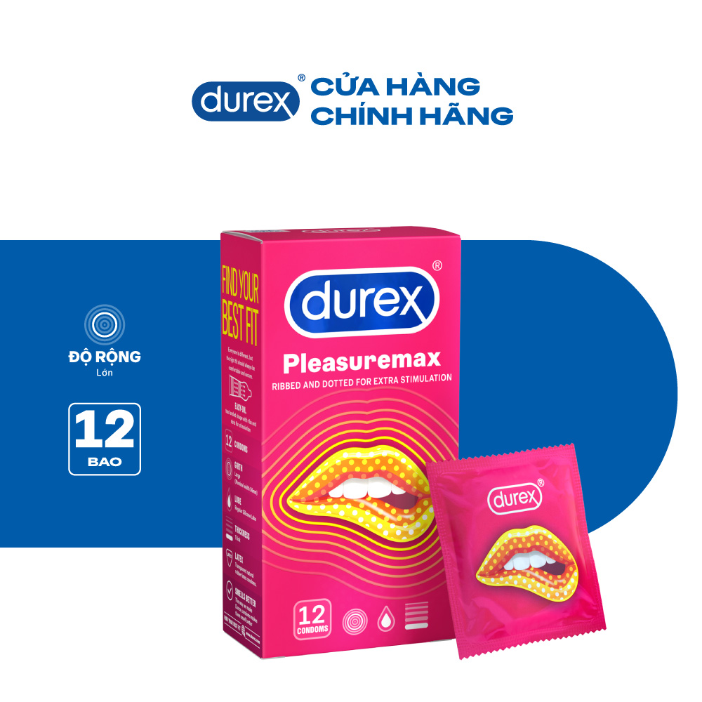 [Voucher giảm tối đa 45K đơn từ 349K] Bao cao su Durex Pleasuremax gân gai tăng khoái cảm (size 56mm, 12 bao/hộp)