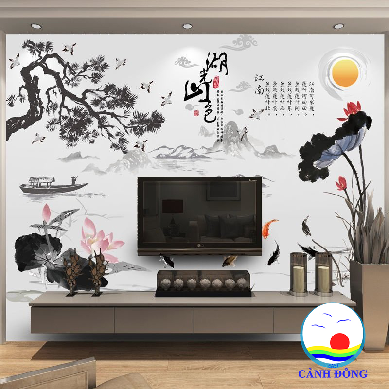 [HCM]Decal dán tường thủy mặc hồ sen Á Đông sang trọng