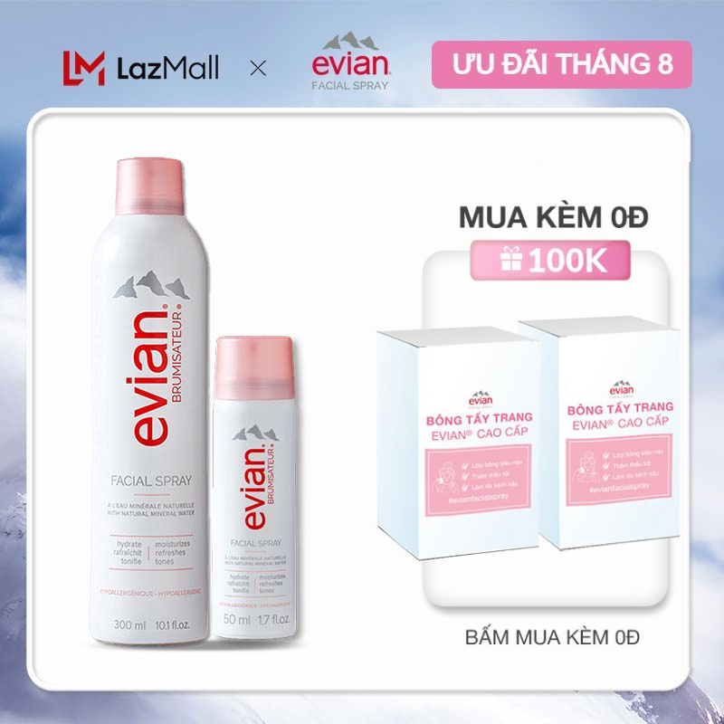 Combo 2 xịt khoáng cấp ẩm và làm dịu da Evian 300ml + 50ml